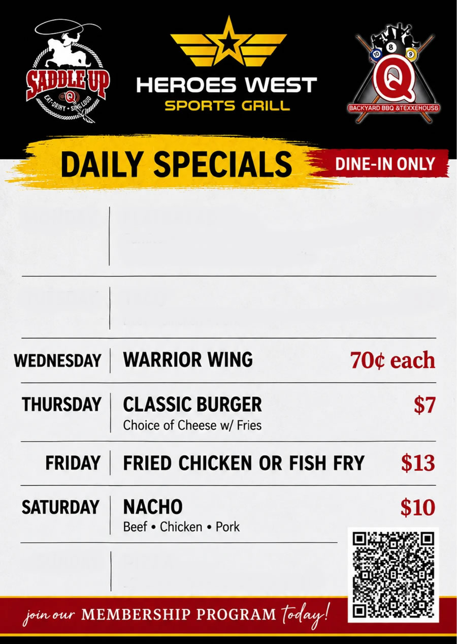 Daily Food Specials at Saddle Up at Q - Spetember 2026